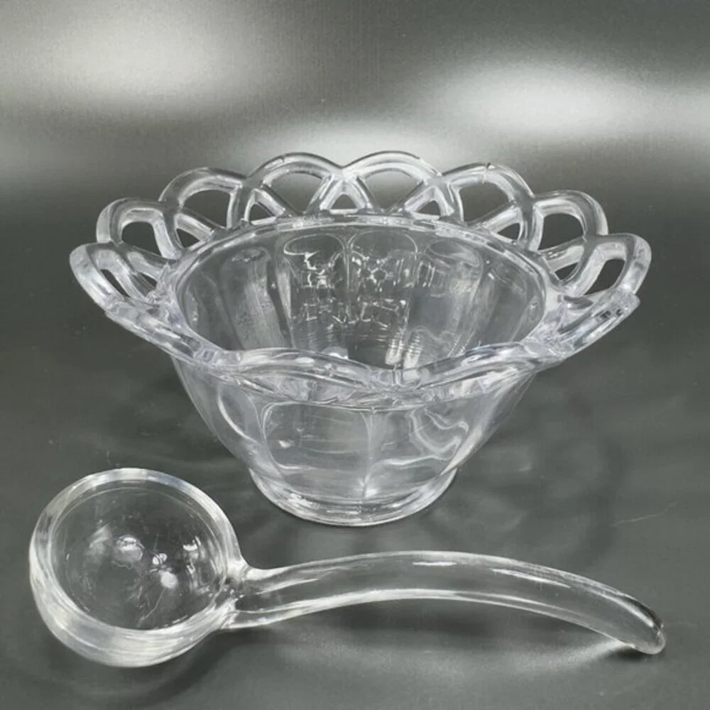 Vintage Imperial Glass‎ Clear Lace Edge Mayonnaise Bowl With Spoon Set Glass VTG